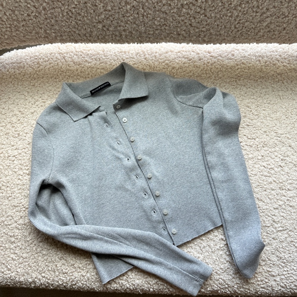 Brandy Melville Light Gray Collared Button-Up Knit Top